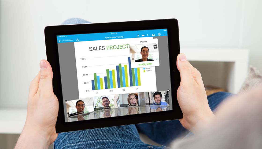 Tablet connected to Cisco WebEx Web Conferencing. Online meetings with collaboration tools are taking the place of traditional meetings for businesses everywhere.